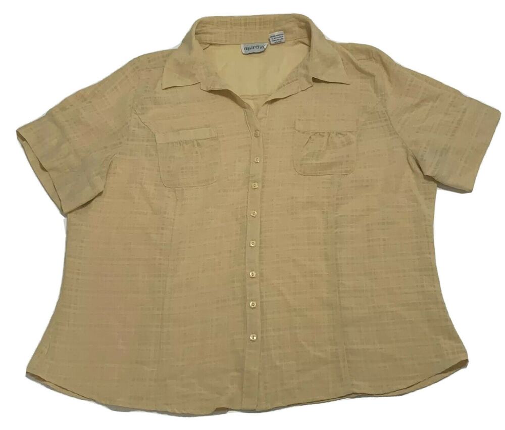 Apparenza Button Front Shirt Plus 1X Womens Beige Pockets Short Sleeves Top